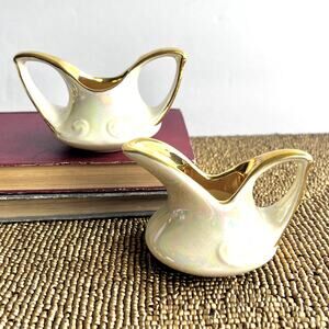 Pearl China Creamer Open Sugar Bowl Pearlized Lusterware 22K Gold Trim Embossed